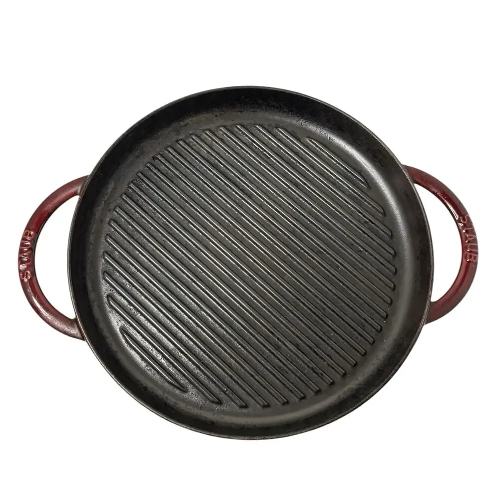 STAUB Cast Iron Round Steam Grill 12” Dark Red Enamel Glass Lid Made In France